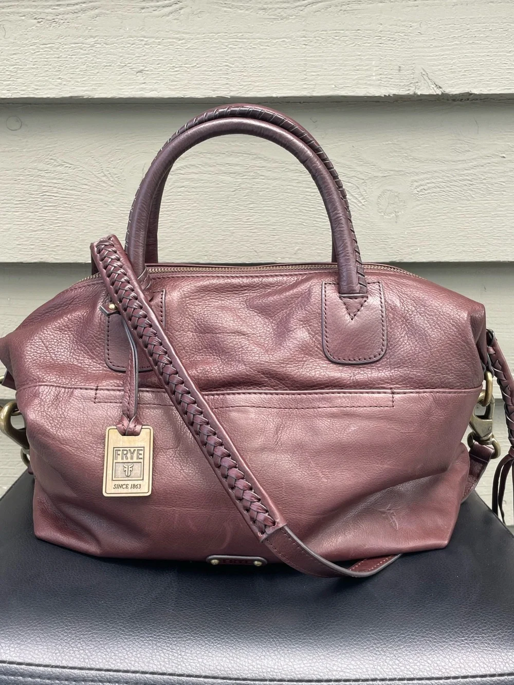 Frye Burgundy/ Brown Leather Satchel / crossbody bag with Braided Shoulder Strap